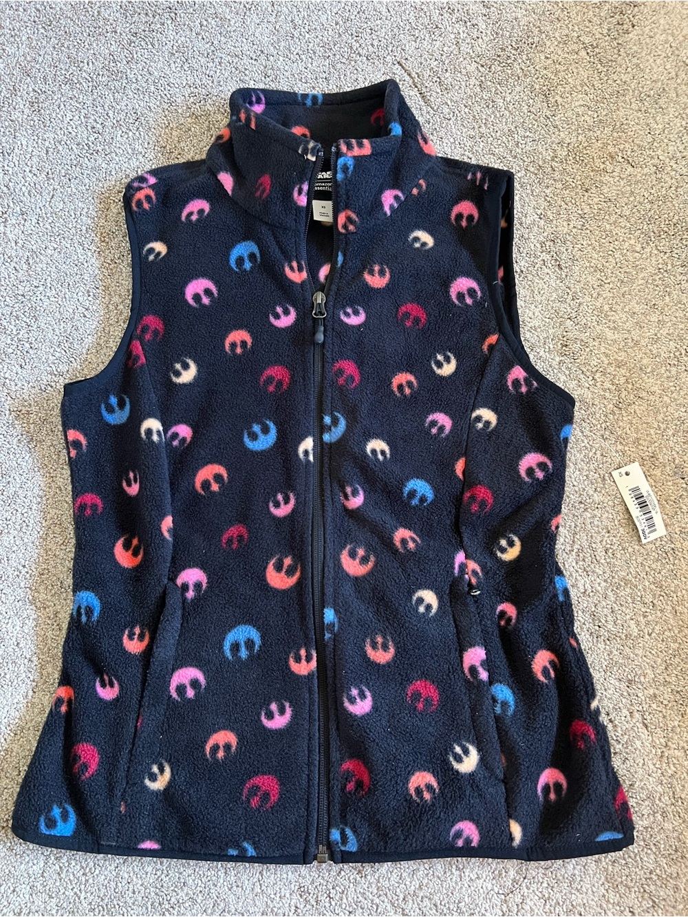 Star Wars Amazon Essentials Black Fleece Vest Multicolor Rebel Symbols XS NWT